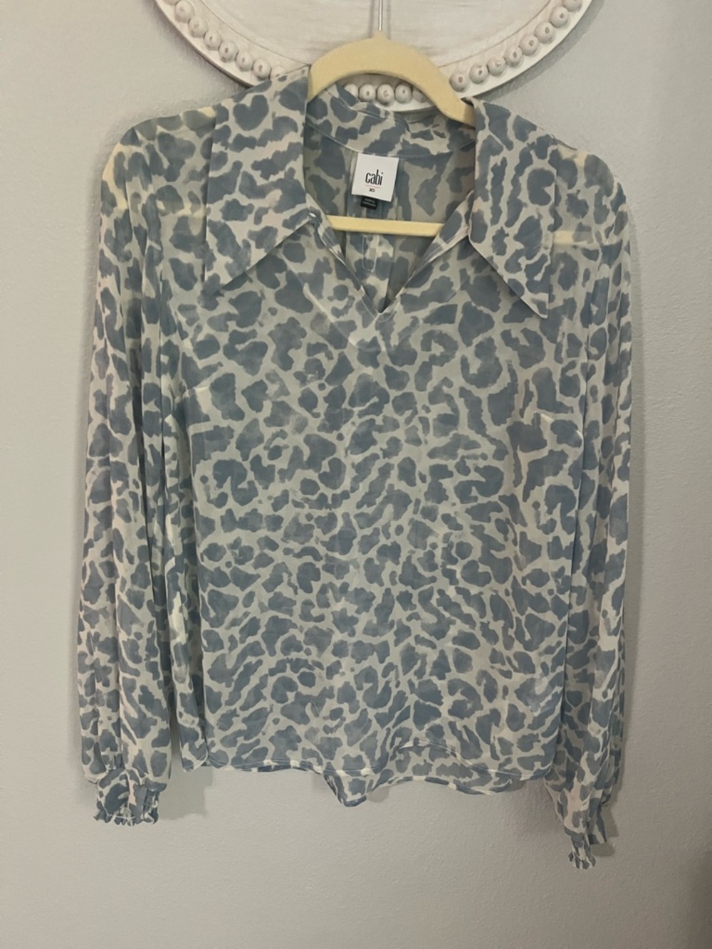 CAbi Blue and Cream Leopard Collared Blouse